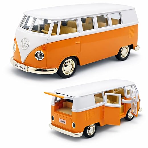 Miniatura de carro Kombi 1969 em metal, Carrinho de ferro Kombi, 1:32, 13 CM, RMZ City (Laranja e Branco)