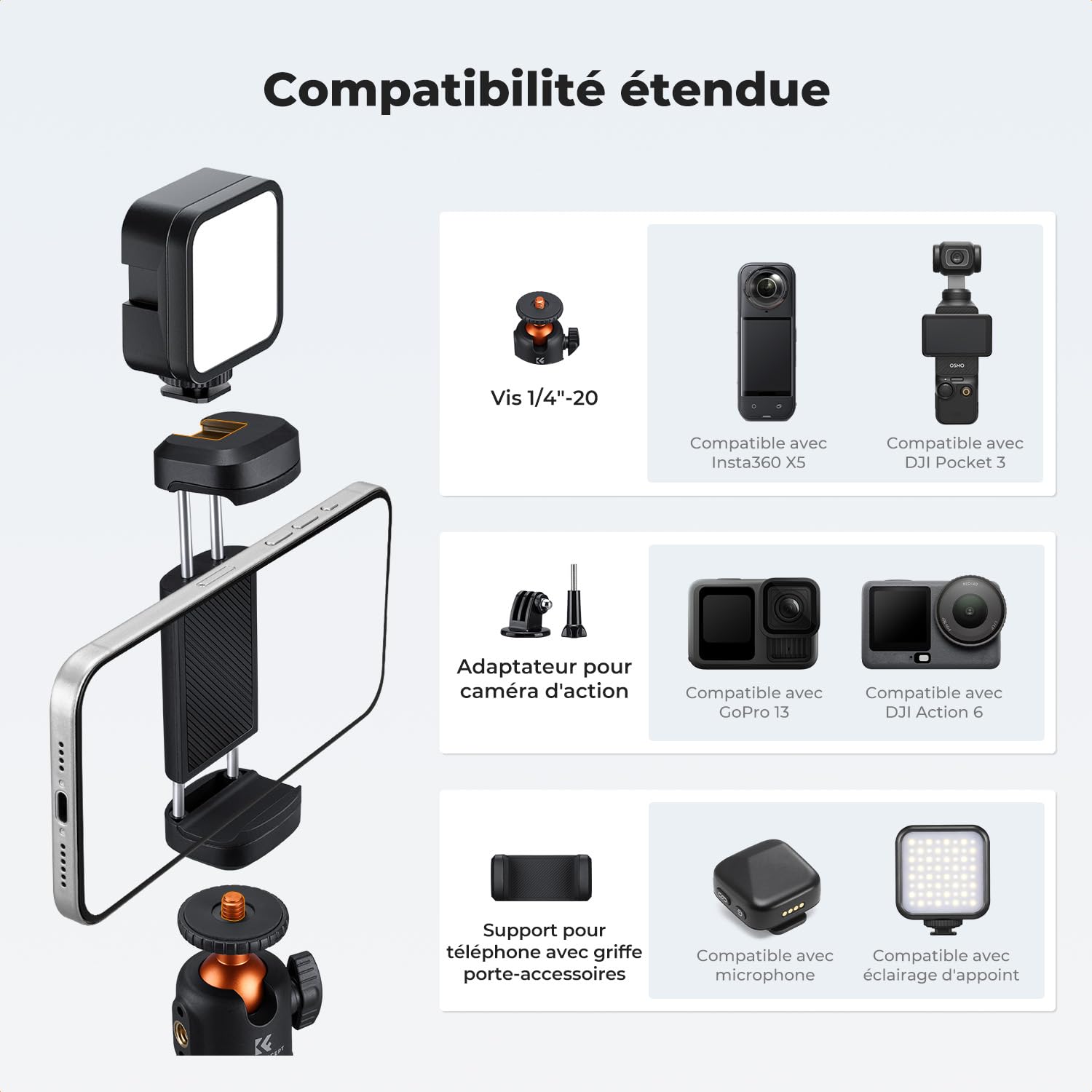 MS71 [Ouverture Auto 1s] Mini trépied Smartphone et Perche Selfie, 25,6", rotule de Poche légère avec Sabot Froid, Petit trépied de Bureau Compatible DJI Osmo Pocket 4/3, Action5, GoPro 13/12.