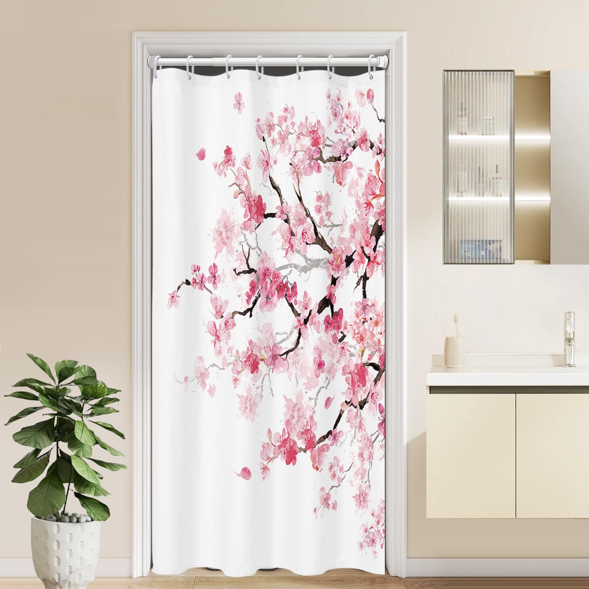 Kikiry Small Stall Shower Curtain 36''W x 72''L Half Narrow 36 Inch Pink Cherry Blossom Sakura Bathroom Curtains Floral Pink White Japanese Style