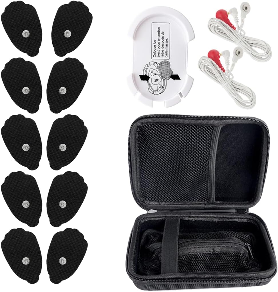 Tens Unit Muscle Stimulator Protective Carrying Case Bundle Set With Replacement Reusable Electrodes Pads & Wire Holder,Pad Leads Combo Set