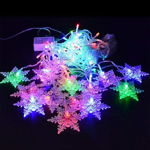 Miniatura 7 de Guirnalda de luces de copo de nieve de Navidad, 20 pies, 40 luces LED, funciona con pilas, impermeable, iluminación parpadeante, decoración de
