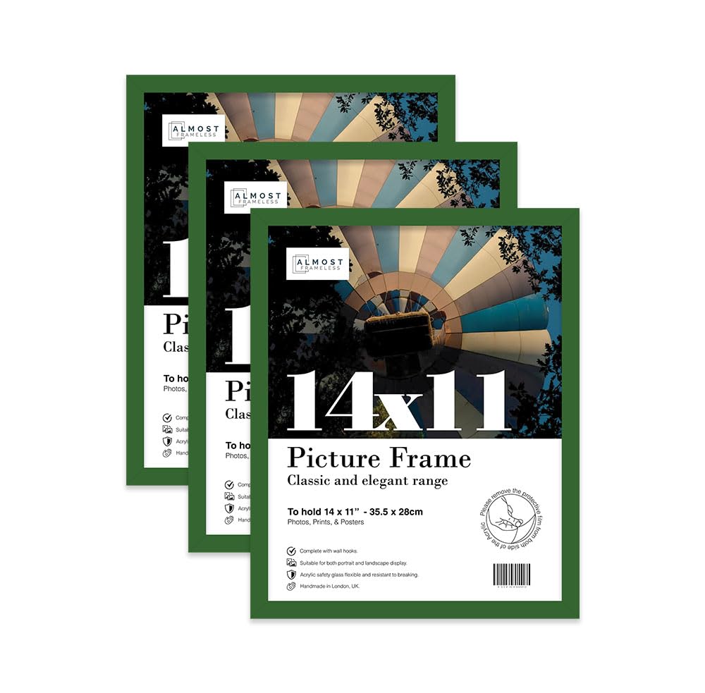 Almost Frameless 14x11 Green Picture Frame Set of 3, Display 14x11 Picture Gallery Wall, Poster, Photo, Artwork, or Print, Yellow