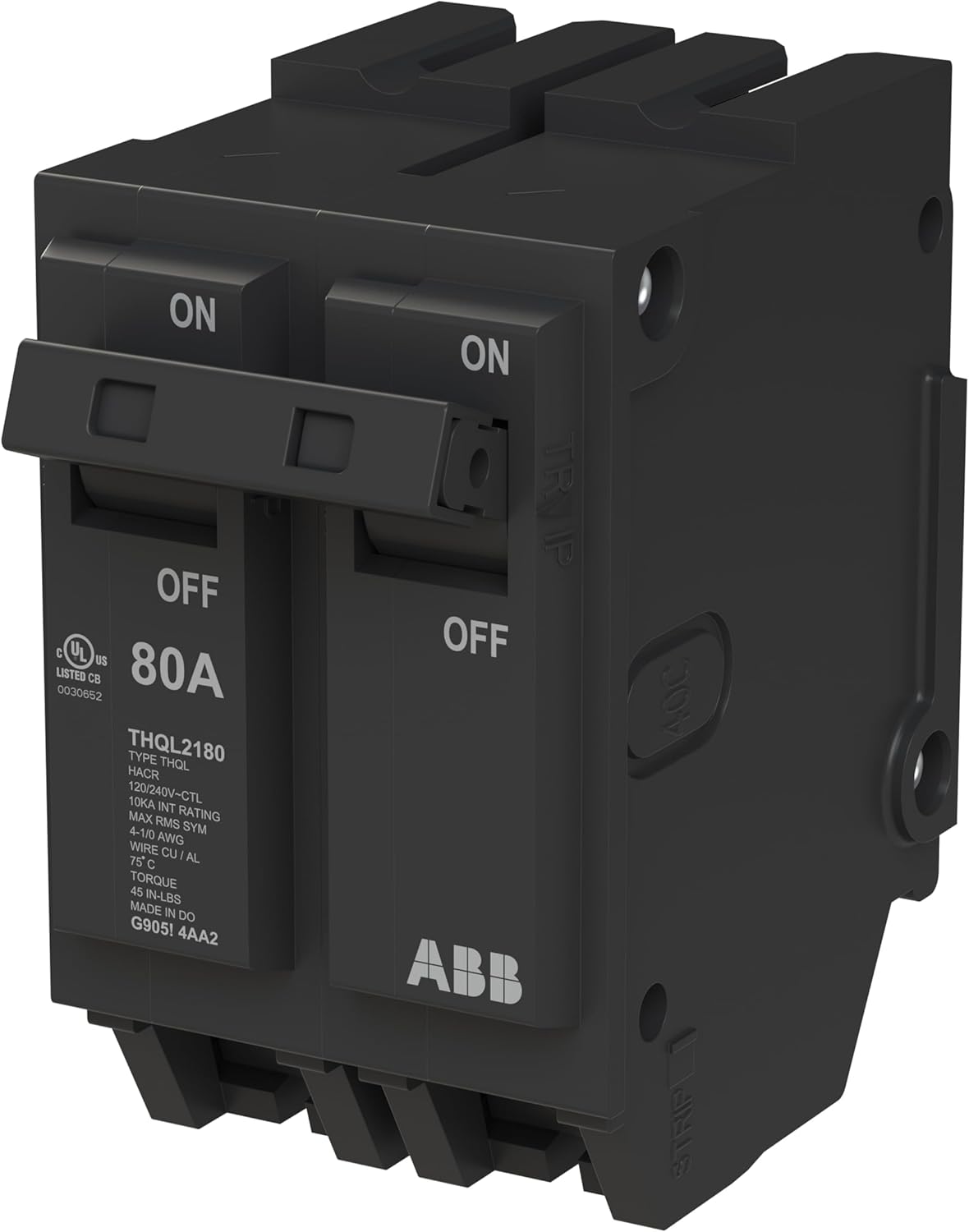 ABB Q-Line® THQL2180P Circuit Breaker • 80 Amp Double-Pole Breaker • 120/240 VAC • 10 kAIC Interrupt Rating • Thermal Magnetic Plug-On Breaker for Load Centers