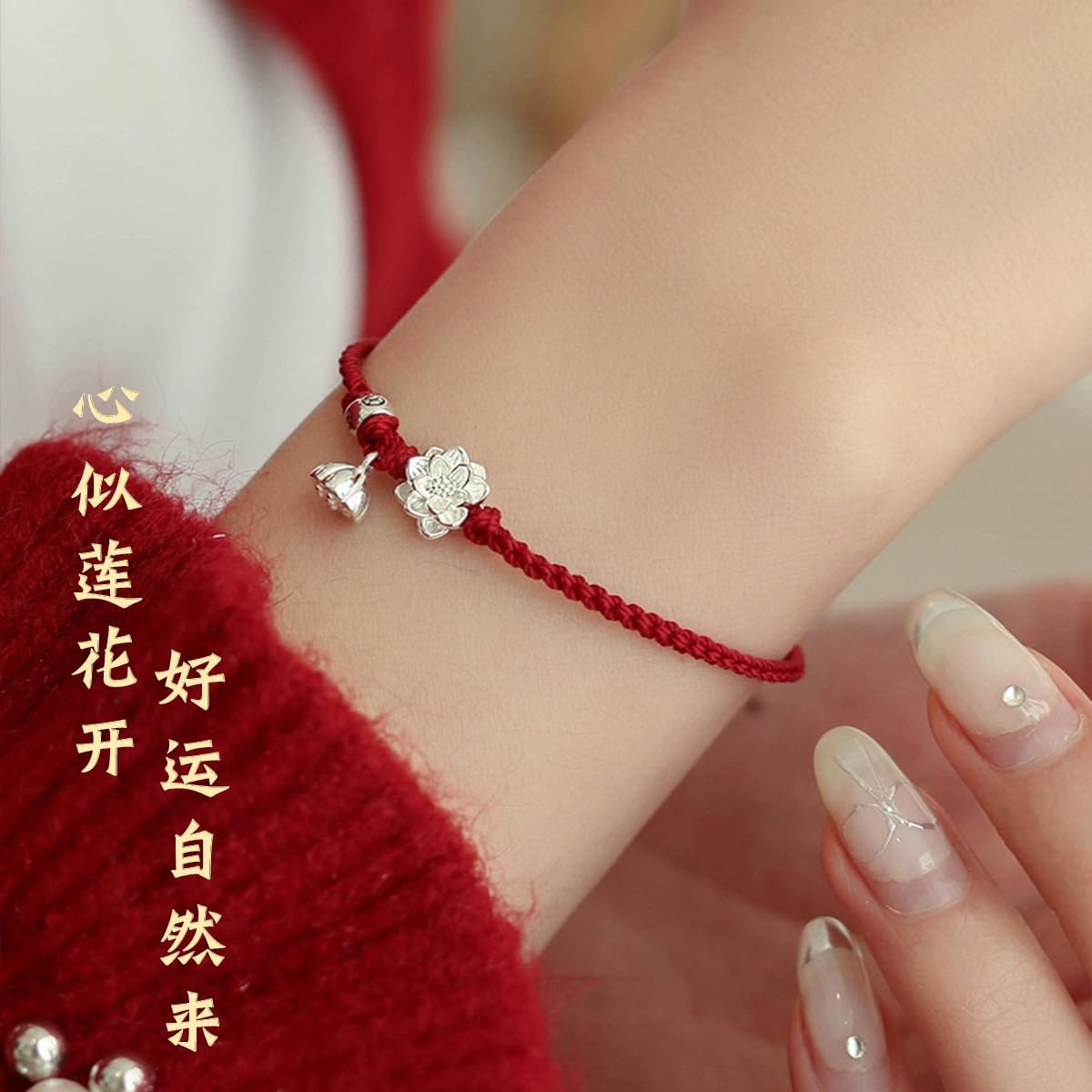 Sdouefos Lotus Flower Bracelet 925 Sterling Silver for Women, Handmade Braided Rope Red String Adjustable Lady Jewelry Red Protection Bracelet for Women Buddhist Spiritual Lucky Amulet Gift