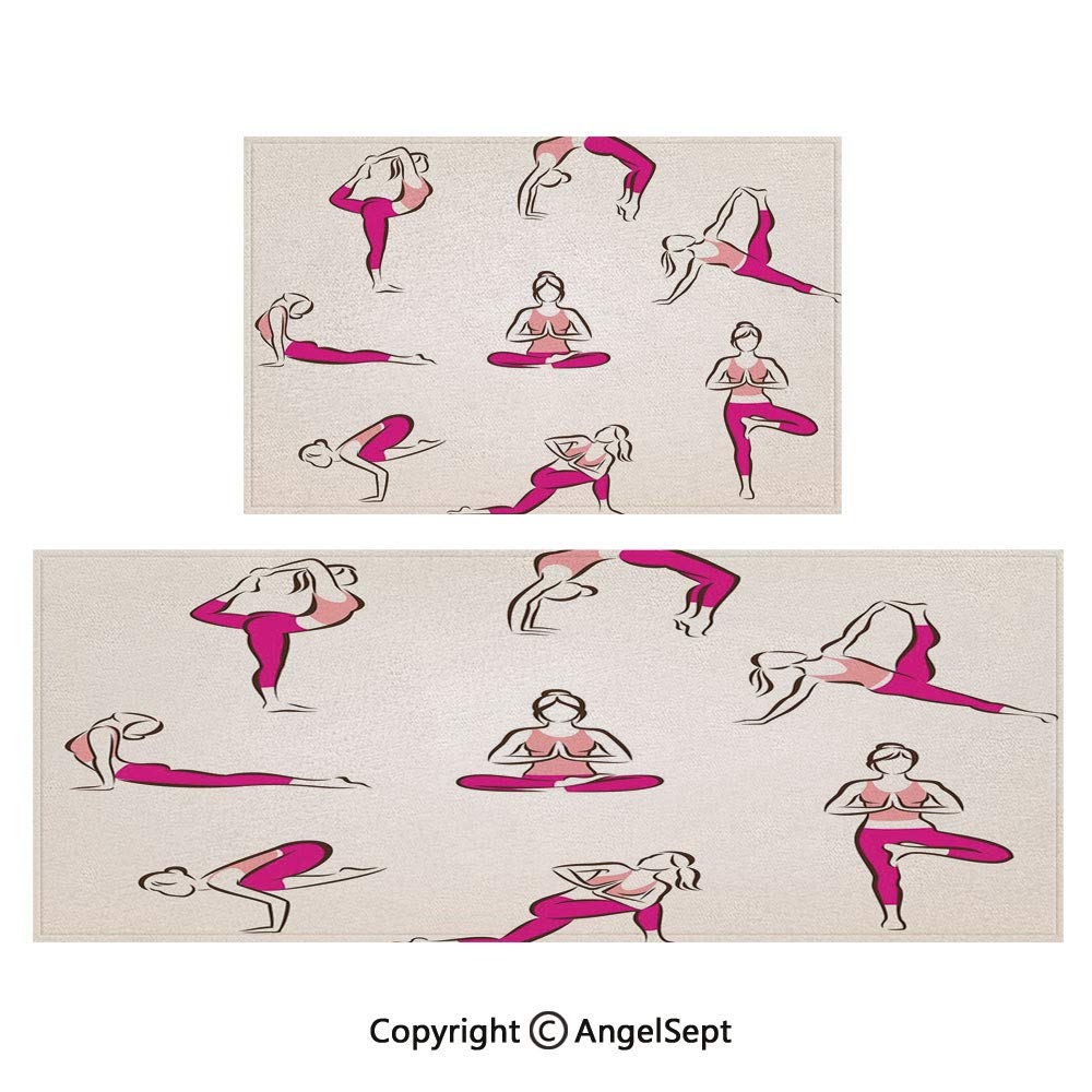 RWNFA Indoor Outdoor Floor Mats 2piece Suit, and Pilates Poses Symbols Healthcare Fitness Concept Exercise Gymnastics 16"x24"by18 x46 Coral Pink Coconut,for Entryway