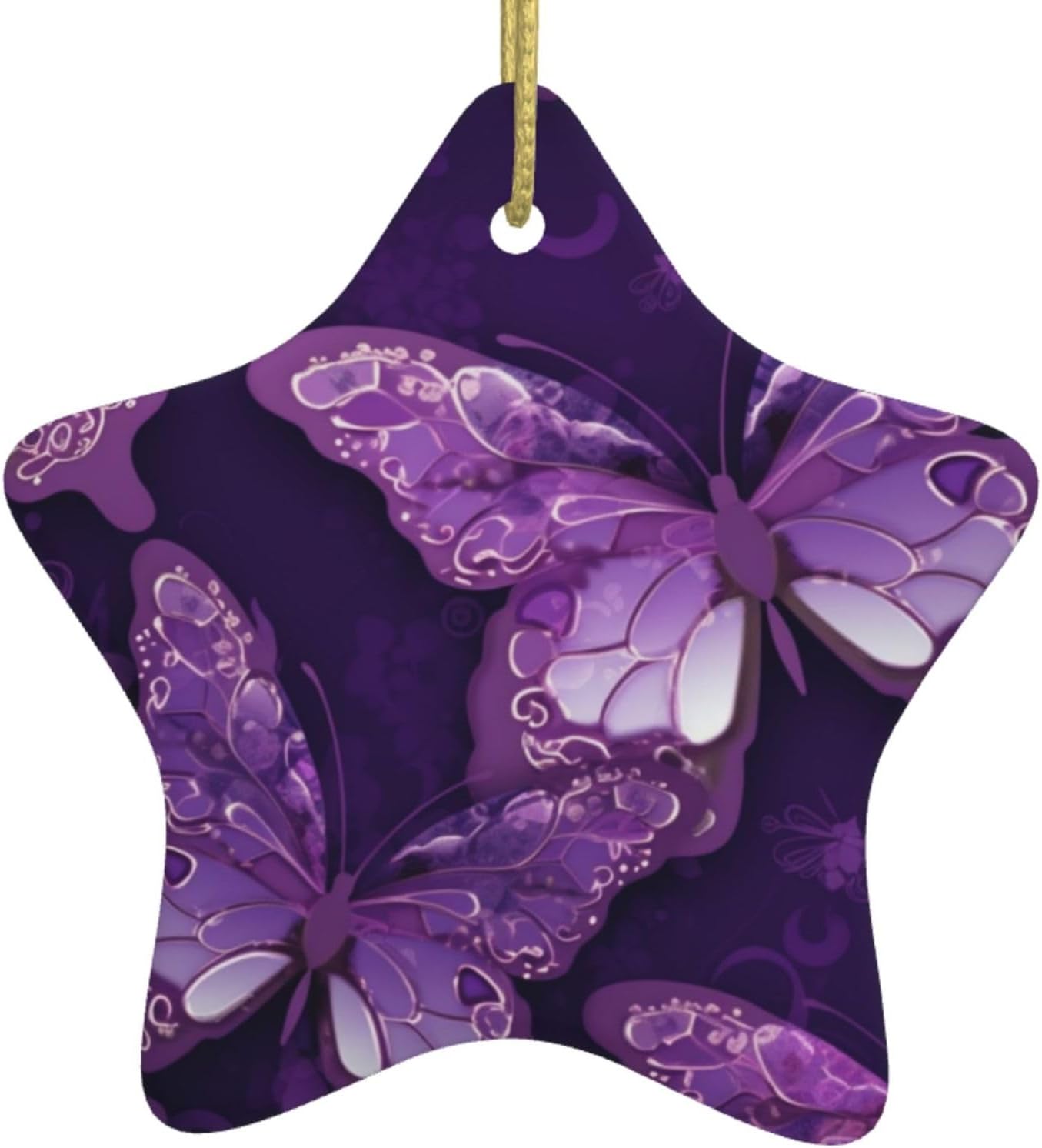 Christmas Ornaments Ceramic Star Shaped Christmas Hanging Ornament Double-Sided Purple Butterflies Print Christmas Tree Pendants for Xmas Tree Fireplace Party Holiday Wedding