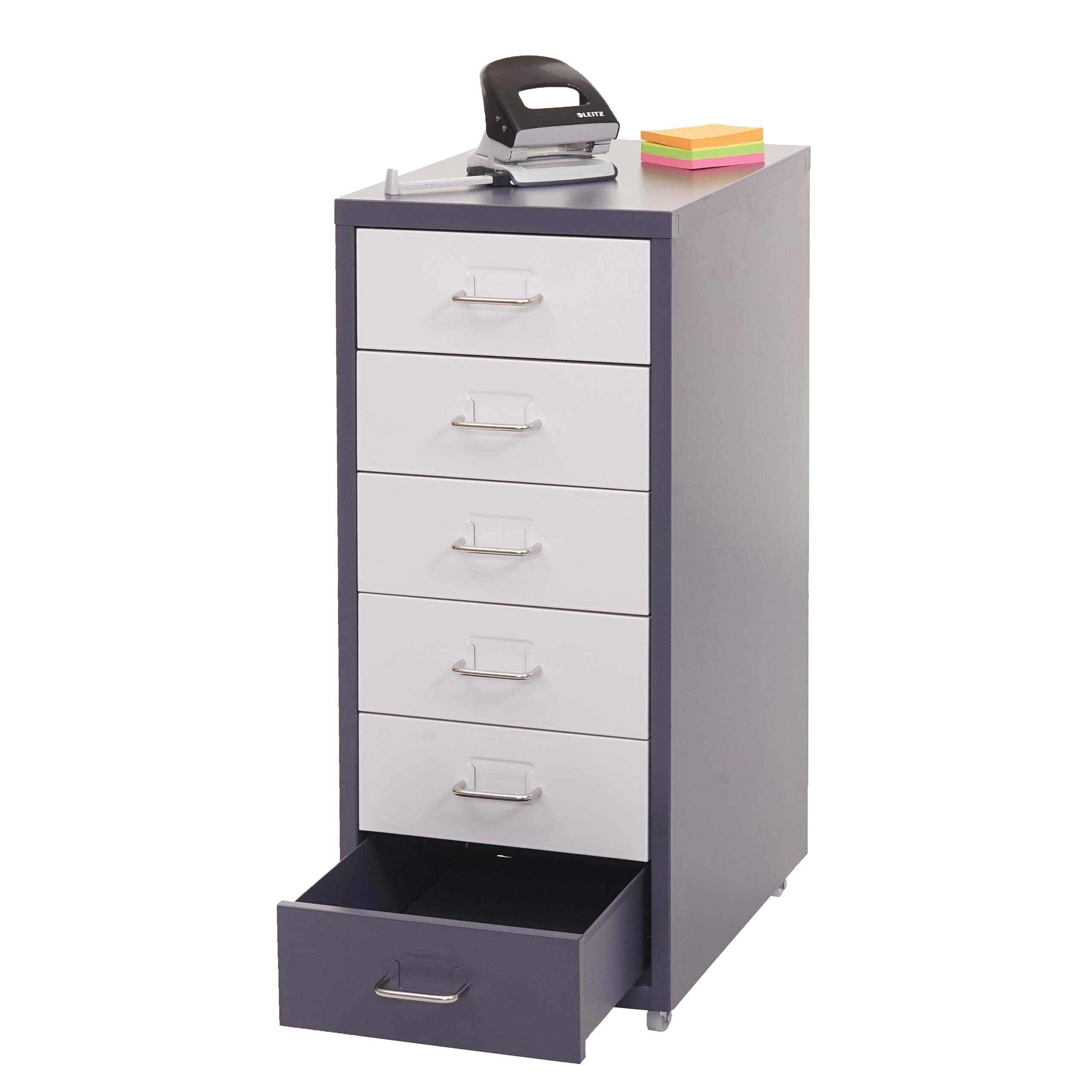 Mendler Cajonera con ruedas Boston T851, armario de acero, 69 x 28 x 41 cm, 6 cajones, gris oscuro, blanco y gris oscuro