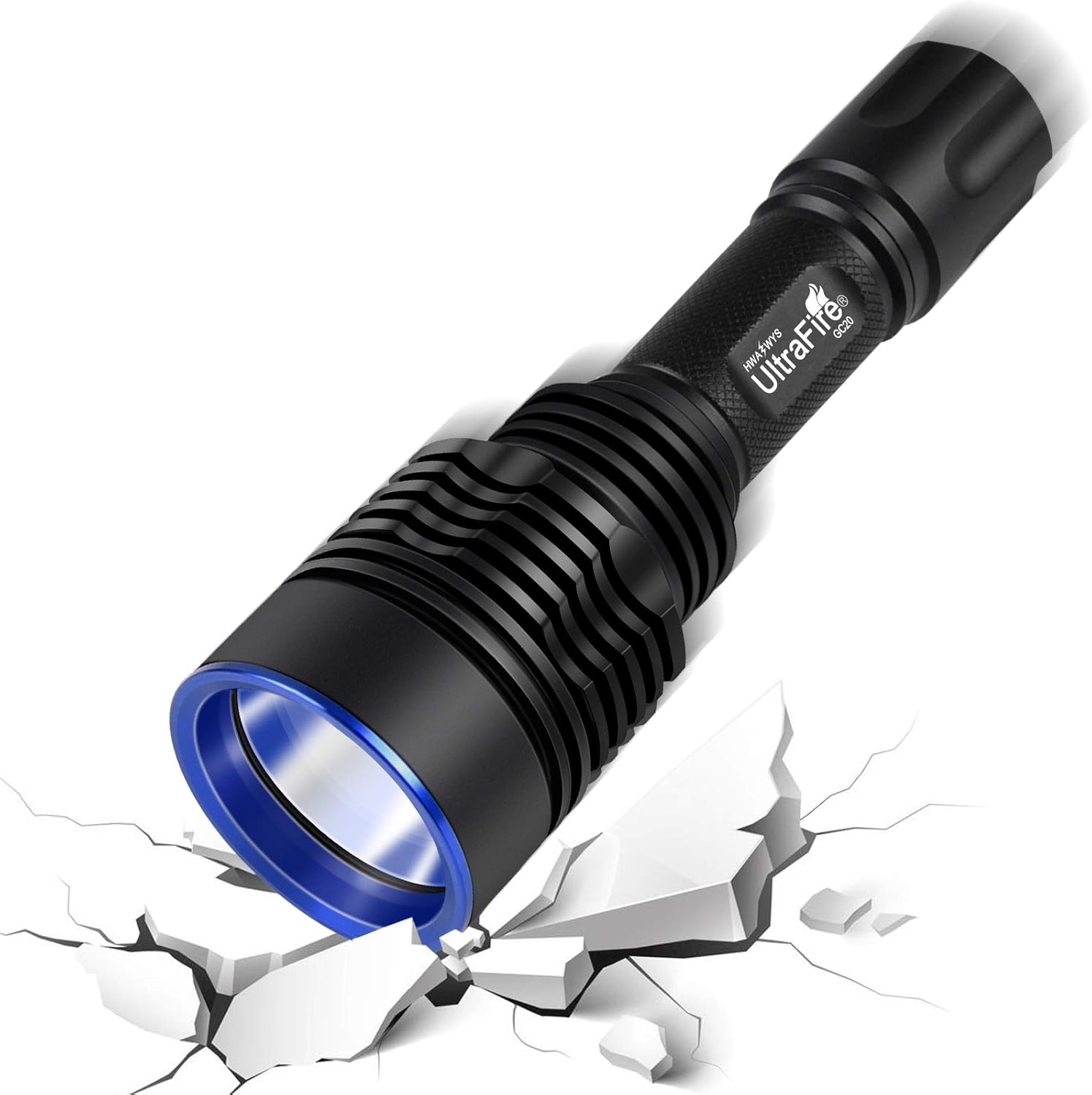 ULTRAFIRE Tactical Flashlight 1585 Yards Ultra Long Distance Green Hunting Flashlight with Picatinny Rail Mount, Pressure Switch, UFB26 and Charger Included for Varmint Coyote Hunting