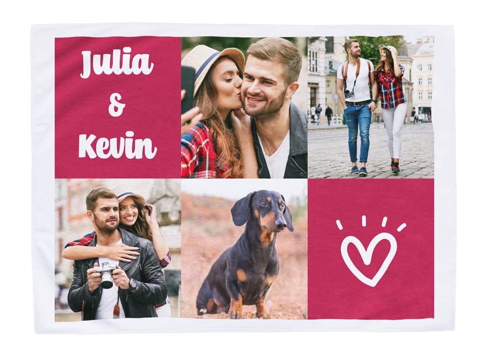 Manta Personalizada Collage Corazón Dibujado con 4 Fotos y Textos a Color Morado 170x130cm en Tela de Material Polar, Coralina o Sherpa Borreguillo para Sofá o Cama de Abrigo en Invierno (Polar)