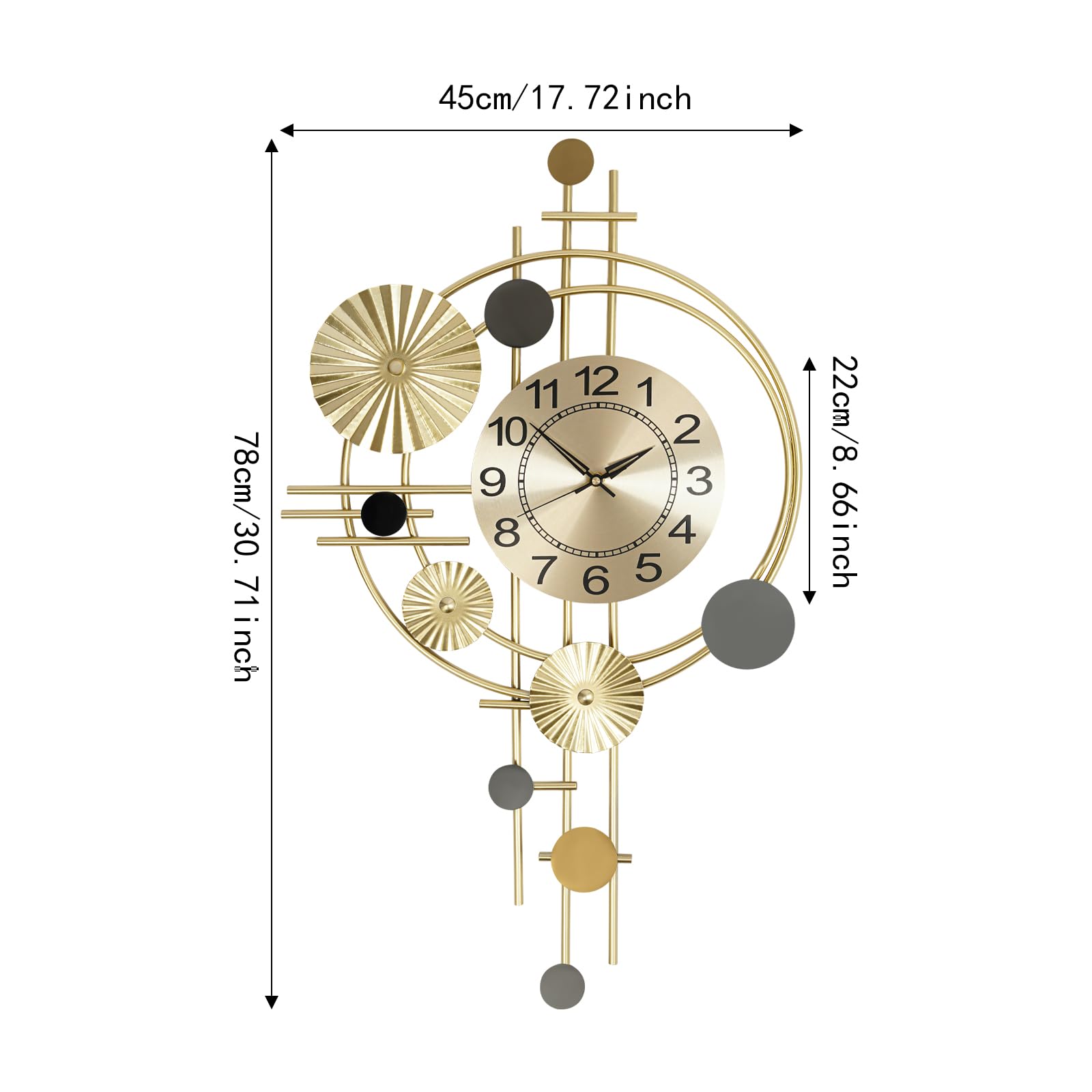 Reloj de pared grande moderno, 45 x 78 cm, creativo, relojes de pared decorativos, redondo, metal, silencioso, para salón, cocina, dormitorio, dorado