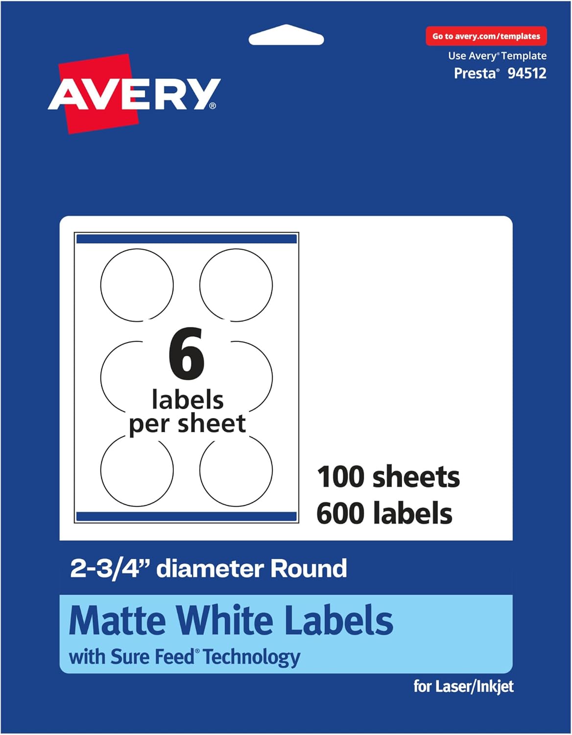 Avery Matte White Round Labels, Sure Feed Technology, 2.75" Diameter, 600 Matte White Printable Labels