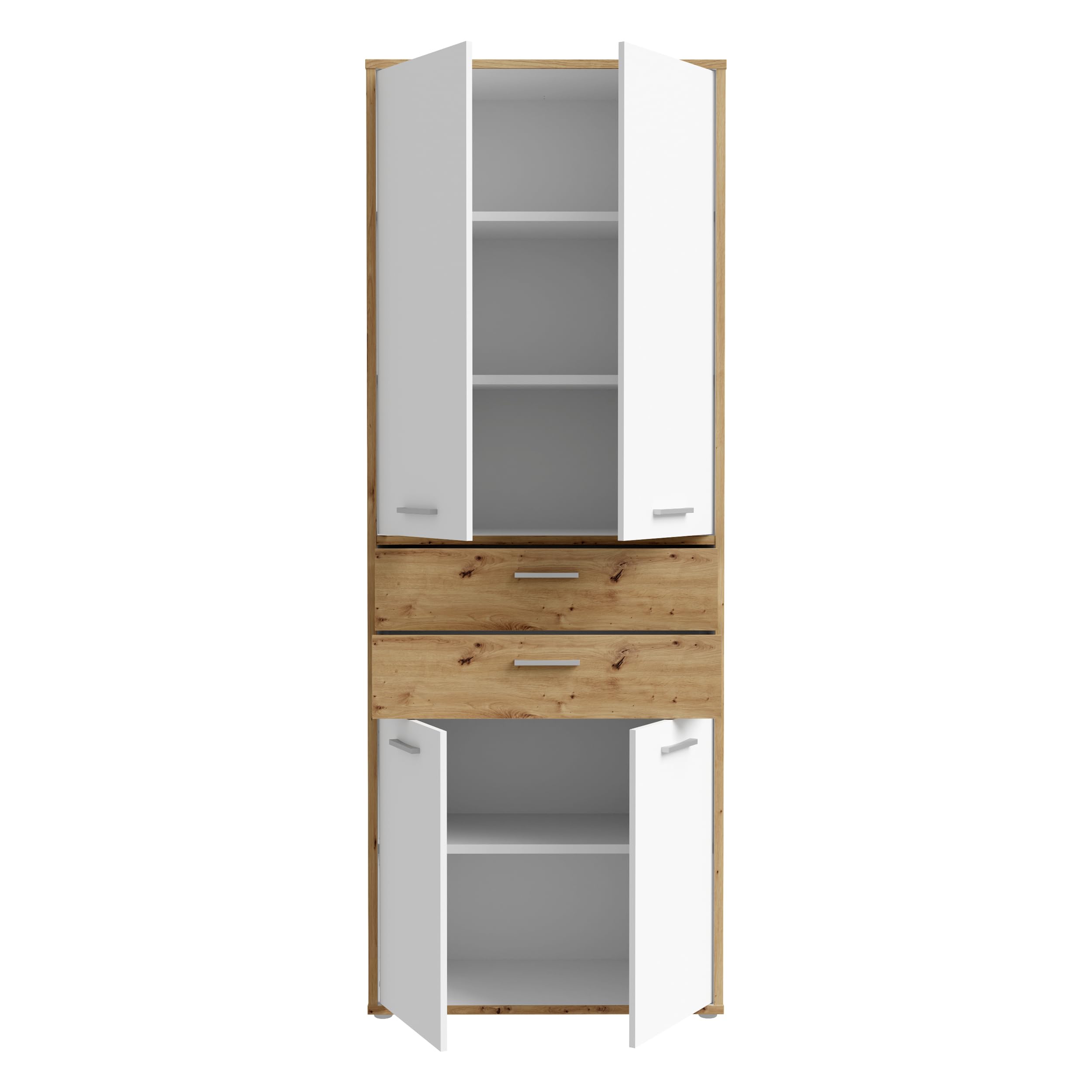 Forte KEFLAVIK Büroschrank 80 90, moderner Büroschrank mit 4 Türen und 2 Schubladen, Weiß|Artisan Eiche Holzdekor, 84,5 cm breit x 226,5 cm hoch x 41,5 cm tief