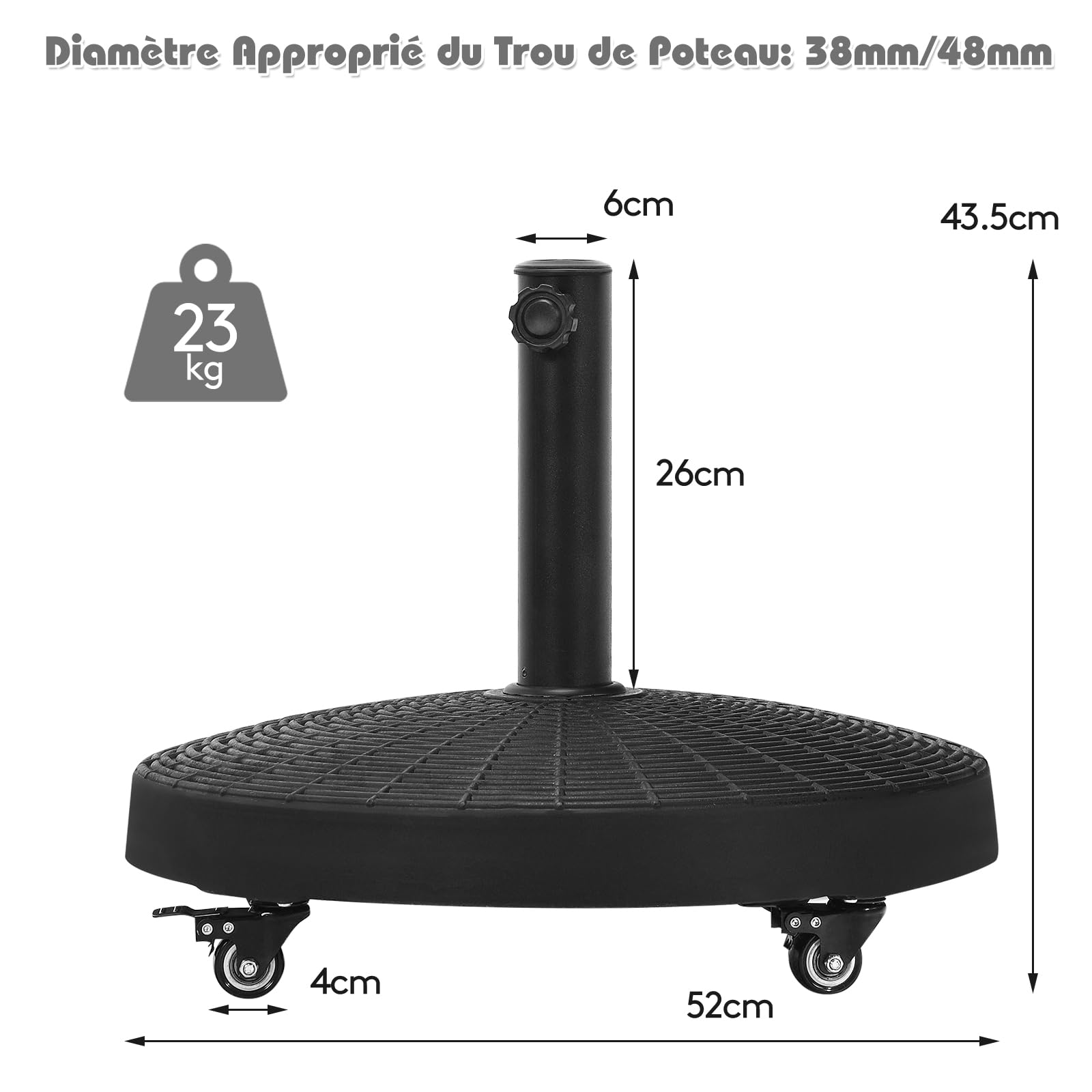 RELAX4LIFE Pied de Parasol à roulettes 23kg en Résine, Base de Parasol Rond