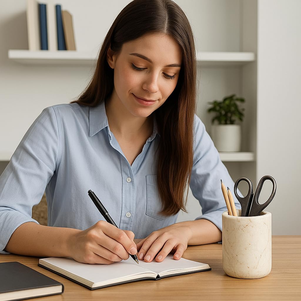 Creative Home Natural Champagne Marble Curvy Collection Tumbler Toothbrush Holder Makeup Brush Holder Bathroom Countertop Organizer, Beige, 3.3 Diam. x 4.5 H Inch