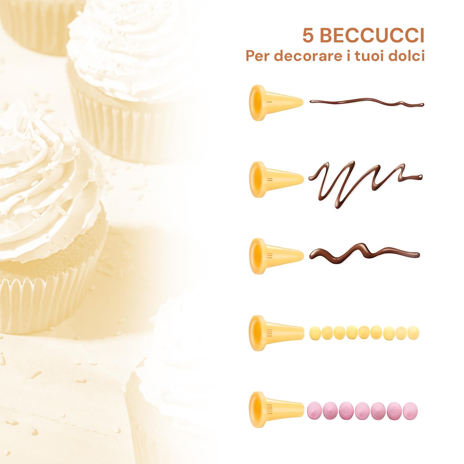 AVILIA Penna Decora Dolci con 5 Beccucci Intercambiabili - Imbuto in Silicone e Plastica, 15 cm - Sicura, Resistente e Facile da Usare - Ideale per Dolci e Salati - Incluso Utensile per Pulizia