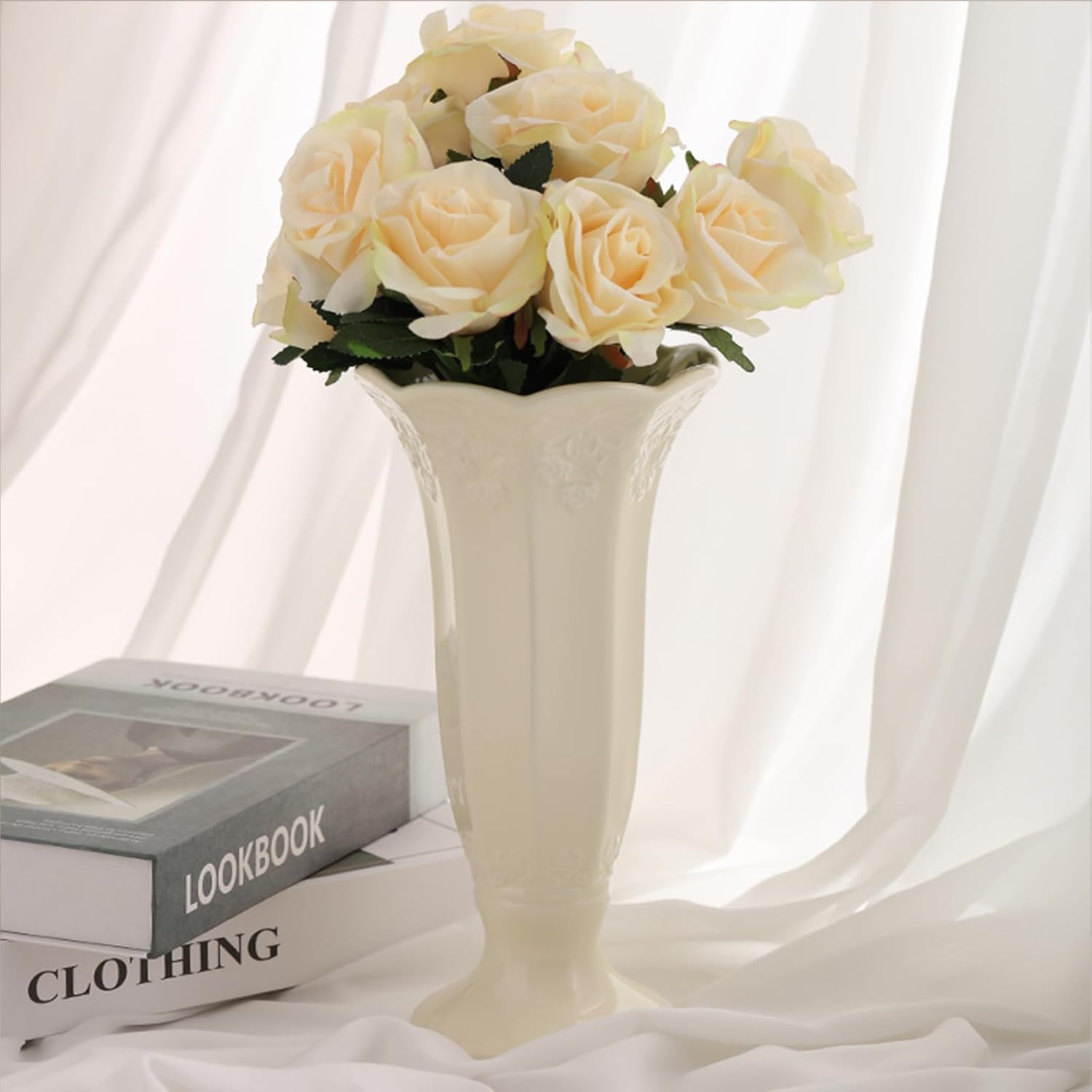 Relievo Elegant White Cream 10in Ceramic Flower Tall Vase Aesthetic Beige Table Tulip Wide Mouth Vase Trumpet Unique Filler Decorative Rustic Large Vase (Cream Wide Mouth Vase)