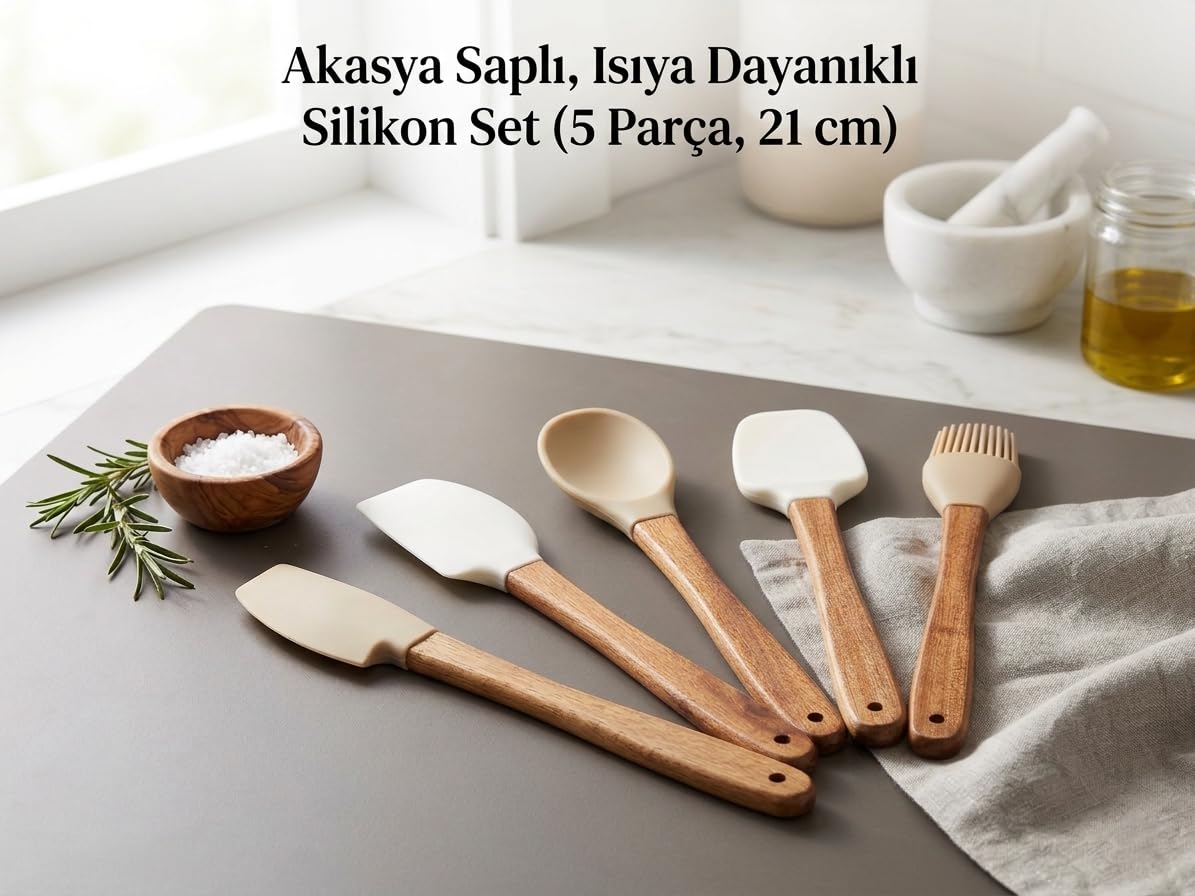 Premium Akasya Odun Saplı Mini Silikon Mutfak Gereçleri Seti - 5 Parça, Isıya Dayanıklı, Yapışmaz Yüzey Dostu, Bej ve Ekru Renk Seçenekli