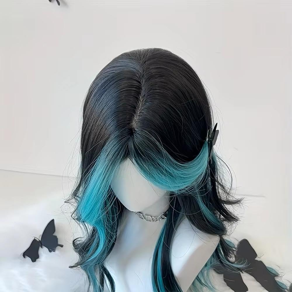 Haarpflege Schwarz Blau Grün Farbverlauf Flauschige Lange Lockige Haarperücke | Blaue Ozeanfarbe Neue Big-Wave-Temperament-Perücke