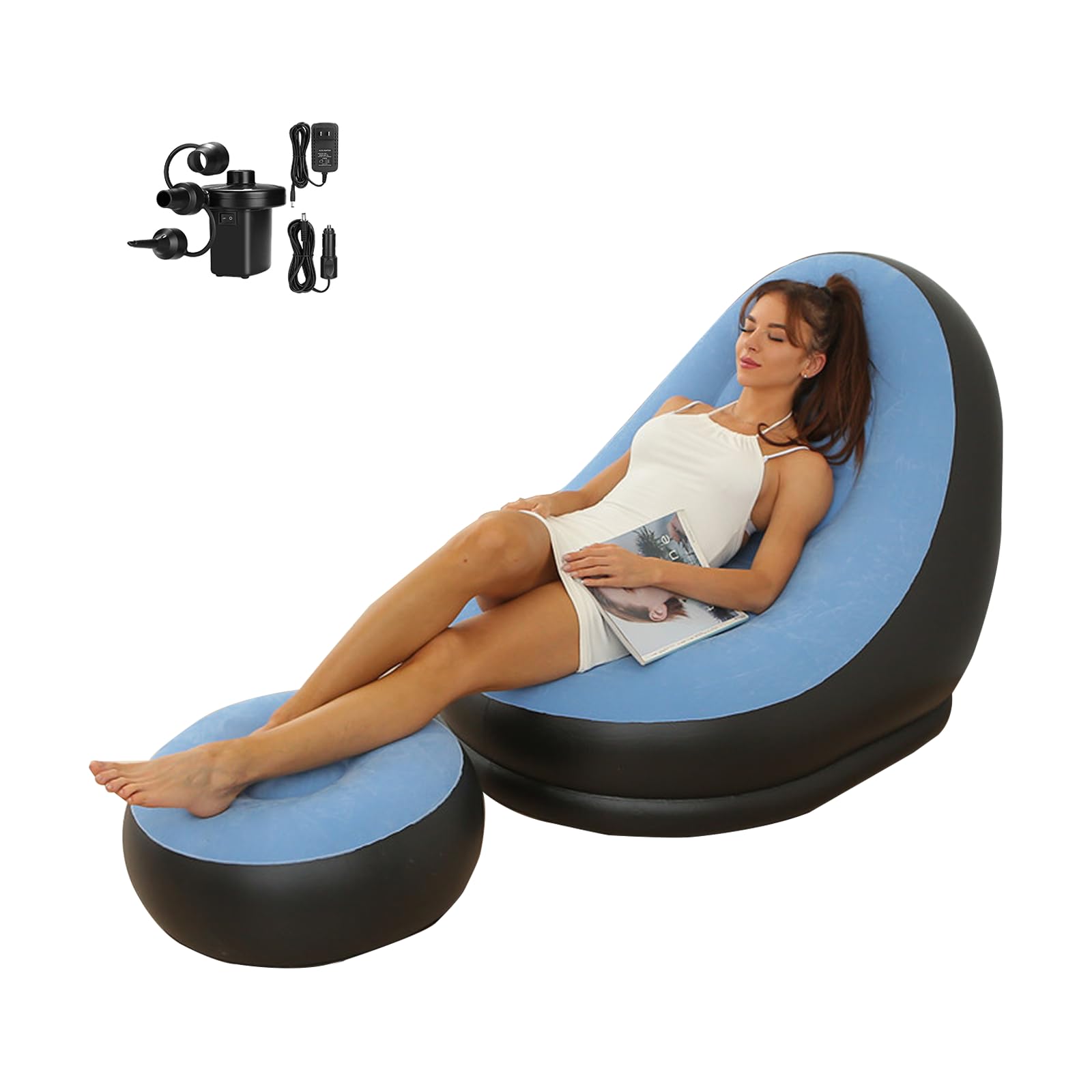 Inflatable Deck Chairs with Air Pump, Inflatable Patio Lounge Chairs for Indoor Living Room Bedroom, Outdoor Travel Camping Picnic Beach Chaise Lounges (Light Blue)
