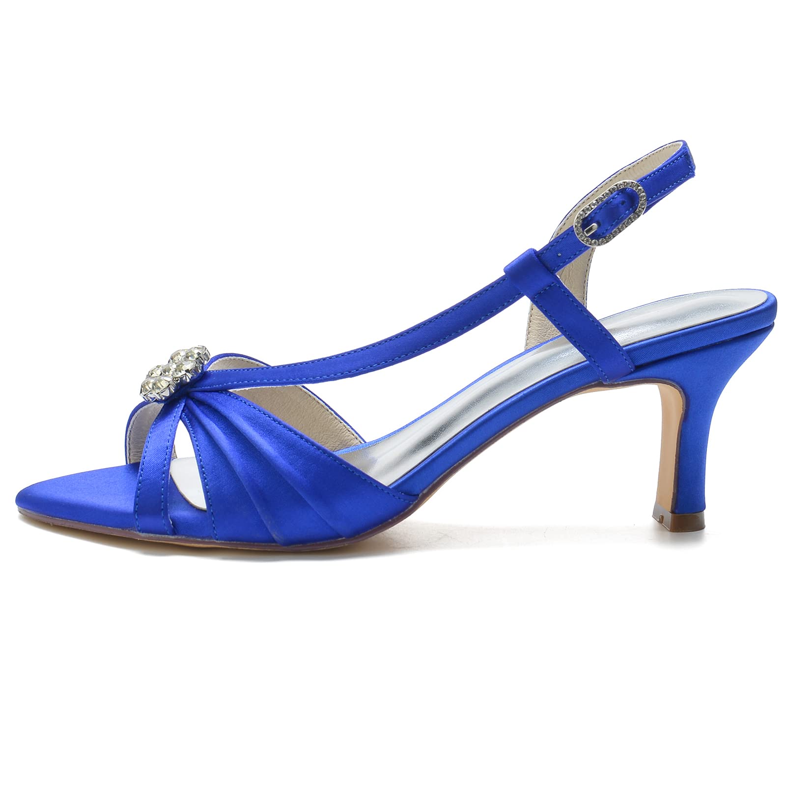 Sandali Sposa Satin con Fiore di Cristallo Tacco 6.5cm Kitten Heel Matrimonio Slingback Calzature Eleganti Cerimonia Open Toe Donna Chic