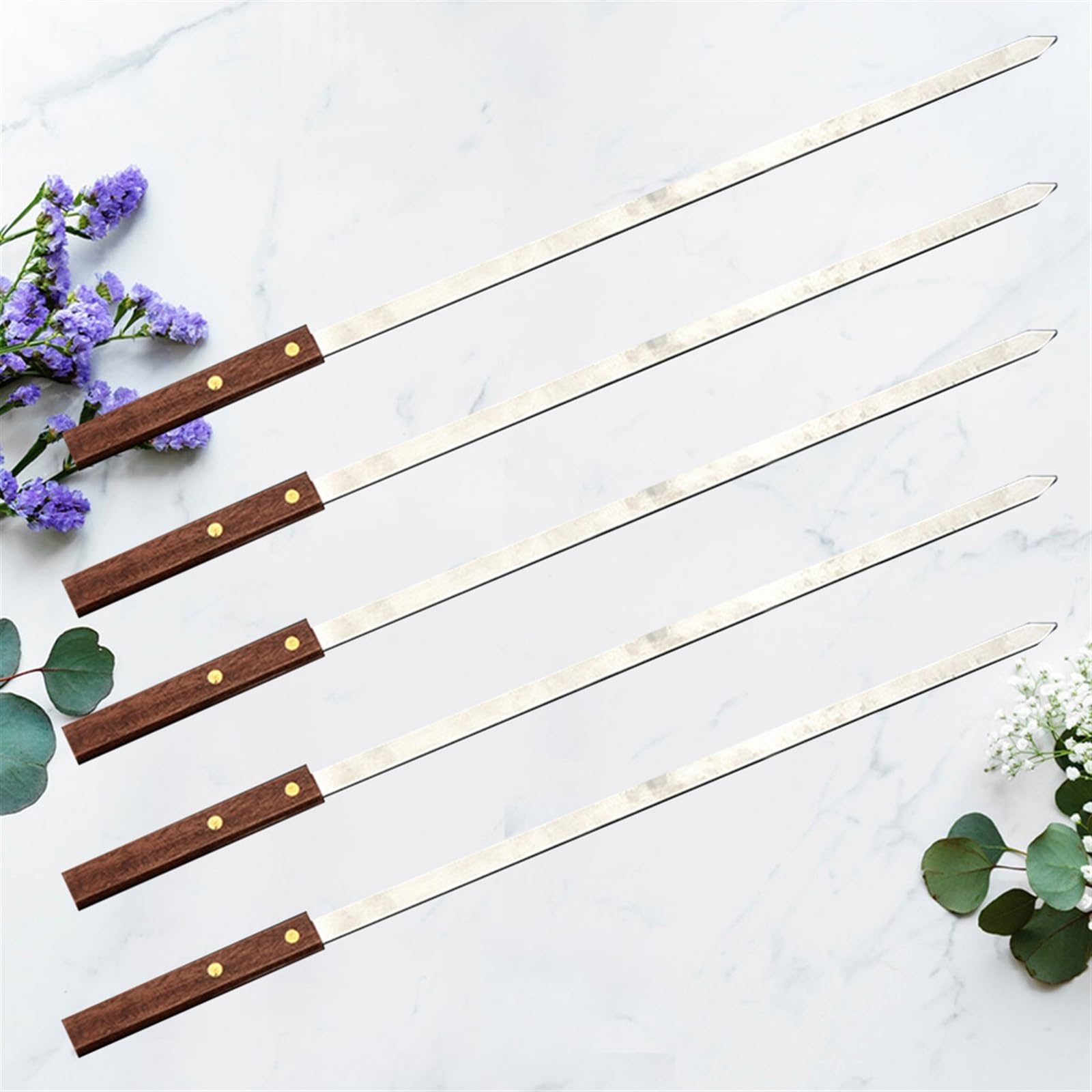 Brochetas de acero inoxidable, 5 brochetas planas inoxidables reutilizables con mango de madera