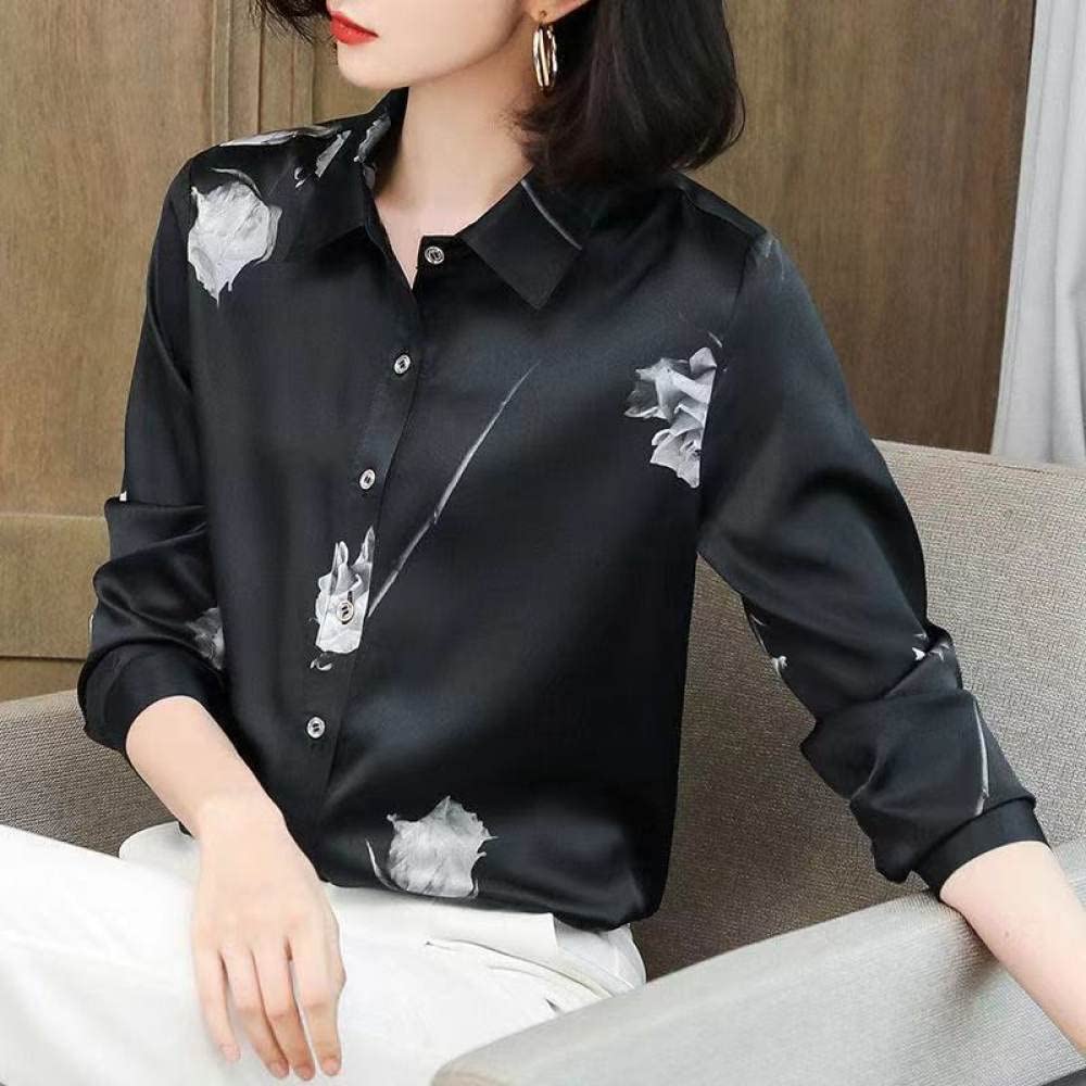 Damen-Hemd Mit Knopfleiste,Damen Satin Bluse Shirt Schwarz Rose Langarm Vintage Mode Seidenhemden Business Hemd Mit Knopf Sexy Party Tops Lässige Arbeit Bürobluse Für Mädchen Damen