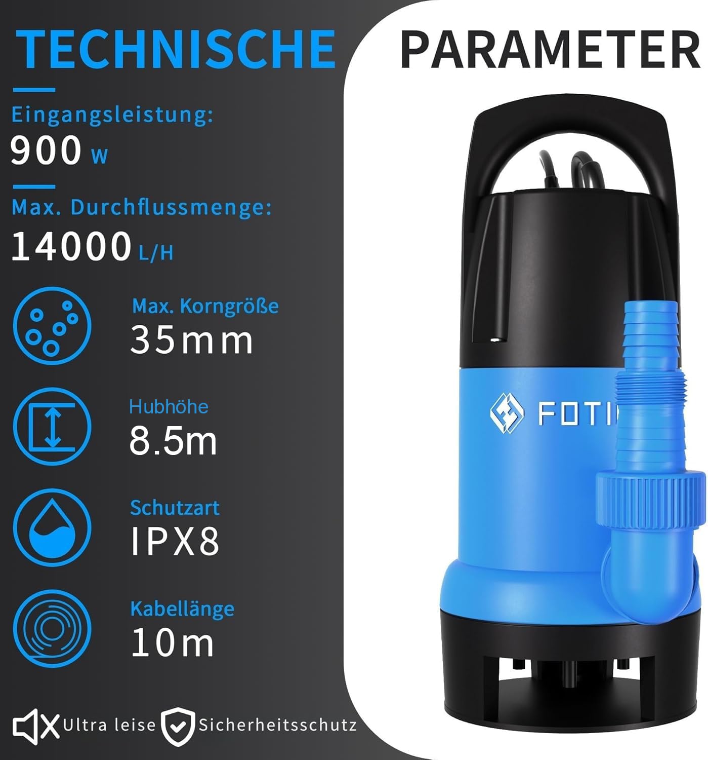 FOTING Bomba de aguas sucias 900W, capacidad de 14.000 l/h, Altura máxima de suministro 8,5 m, inmersión máx. 7 m, interruptor de flotador, cuerpos extraños hasta 35 mm, para sótanos y alcantarillas
