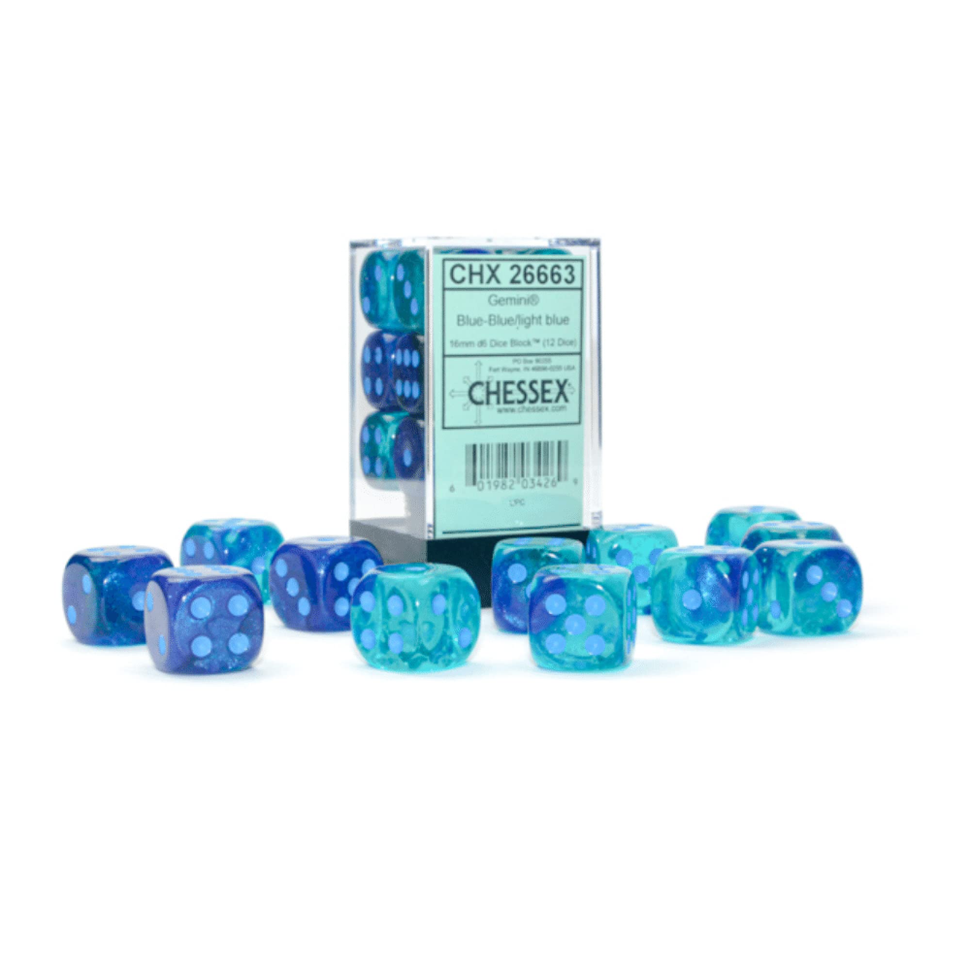 Chessex Jeu de dés – 16 mm Gémeaux : Bloc de dés Luminaire Bleu/Bleu Clair – Donjons et Dragons D&D DND TTRPG Dice – Comprend 12 dés – D6 Chessex Jeu de dés – 16 mm Gémeaux : Bloc de dés Luminaire Bleu/Bleu Clair – Donjons et Dragons D&D DND TTRPG Dice – Comprend 12 dés – D6