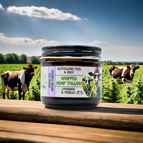 Miniatura 5 de Sarga de cáñamo batida – Bálsamo de sebo alimentado con pasto y acabado de hierba con lavanda y vainilla – Hidratación profunda para cara y cuerpo –