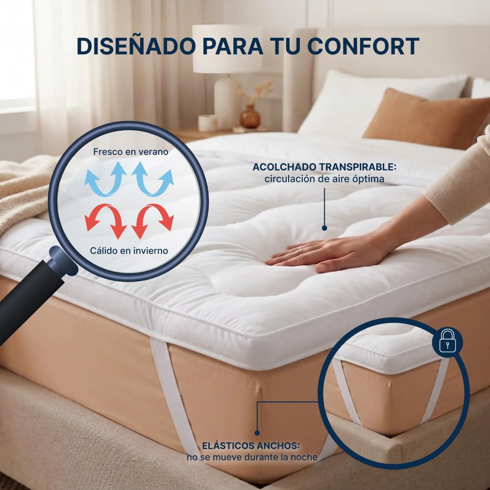 CASABEL Sobrecolchon 140x190, Topper Colchon de Microfibra Transpirable Extra Grueso, Antideslizante y Antialergico, Topper con 4 Bandas Elasticas
