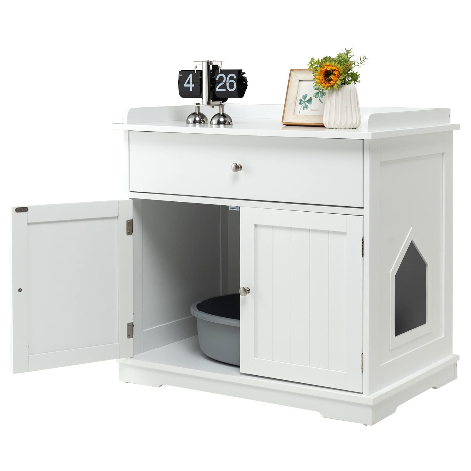 COSTWAY Mobile Lettiera per Gatti in Legno, con Portaoggetti, Bianco