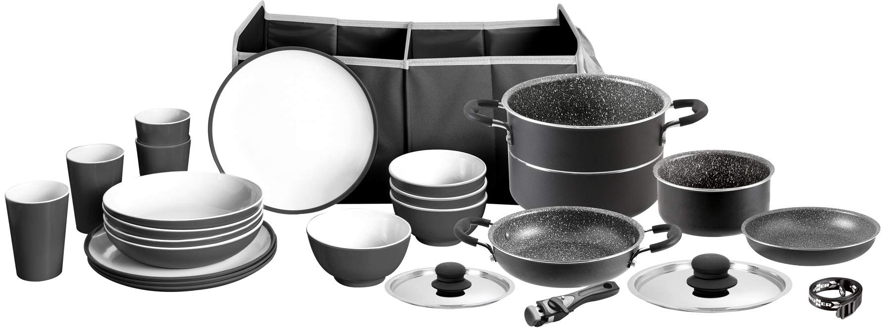 BRUNNER Camping Kochtopfset Kochgeschirr + Melamin Geschirr Pirate MEPOBOX 16+9