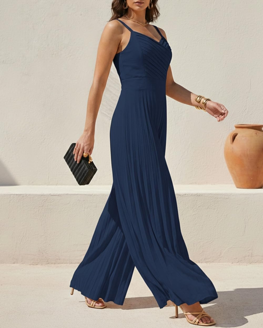 CHICME Flowy Pleated Jumpsuits for Women Smocked Sleeveless Spaghetti Strap Long Rompers Summer Wide Leg Jumpsuit
