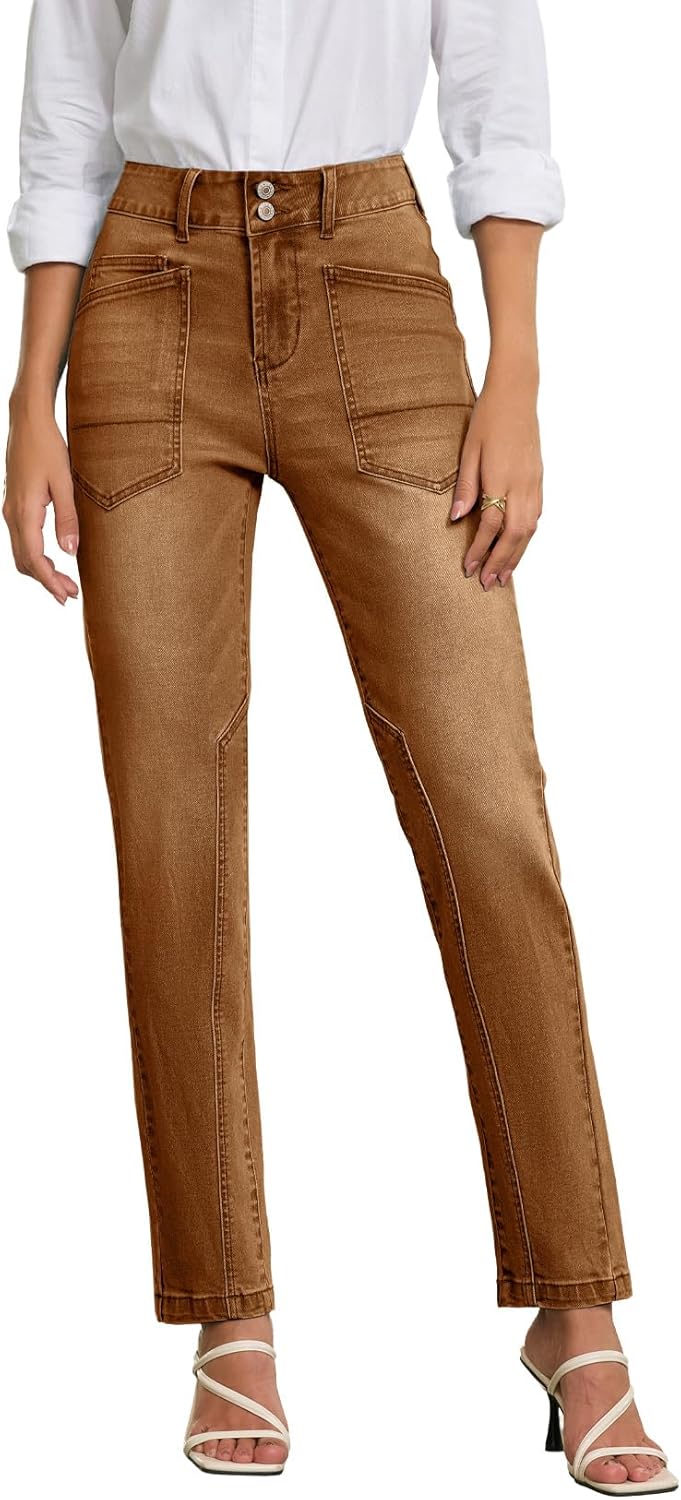 EVALESS Jeans for Women High Waisted Stretchy Trendy Paneling Straight Leg Relaxed Fit Ankle Denim Pants