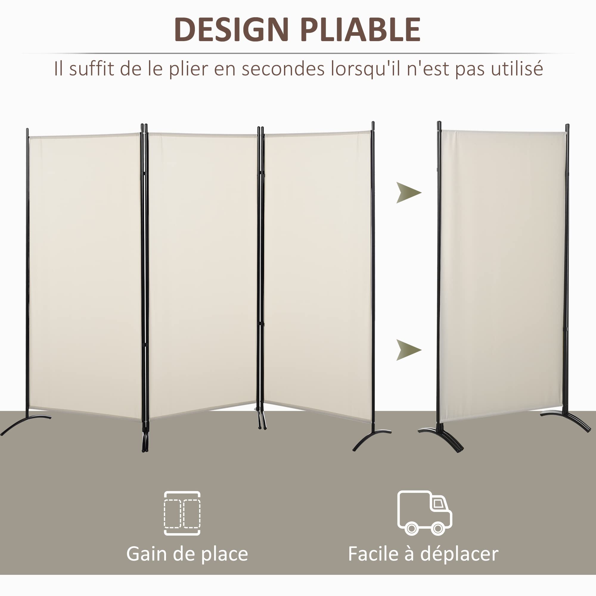 HOMCOM Paravent 3 Panneaux dim. 2,53L x 0,5l x 1,82H m Store latéral Brise-Vue paravent sur Pied séparateur métal Polyester Haute densité Beige