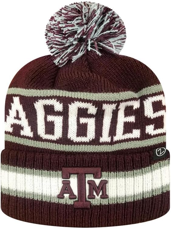 Zephyr NCAA Team Color-Retro Logo -Cuffed Knit Skully Beanie Pom Hat-Texas A&M-One Size Fits Most
