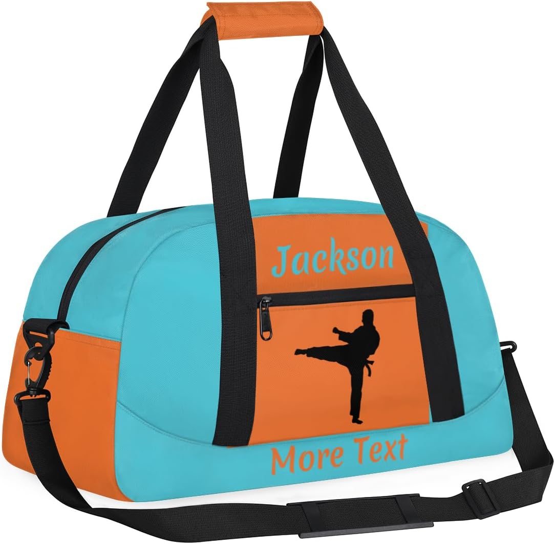 Personalized Sport Duffle Bag for Boys, Custom Kids Gym Bag with Name, Fit School Practice, or Overnight Weekender Travel Cyan Martial Arts Male