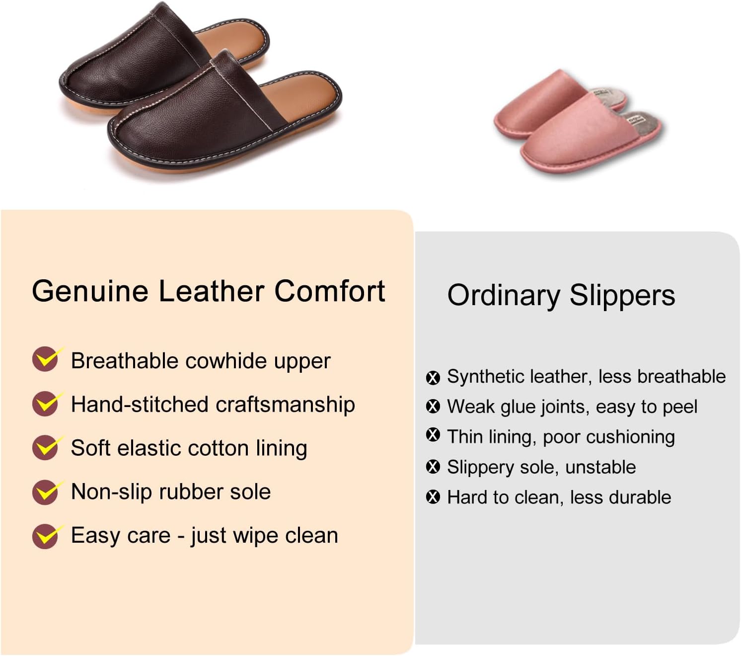 Men’s Genuine Cowhide Leather Slippers, Breathable Leather Soft Smooth Sole Bedroom Flat Shoes House Slippers Indoor Outdoor