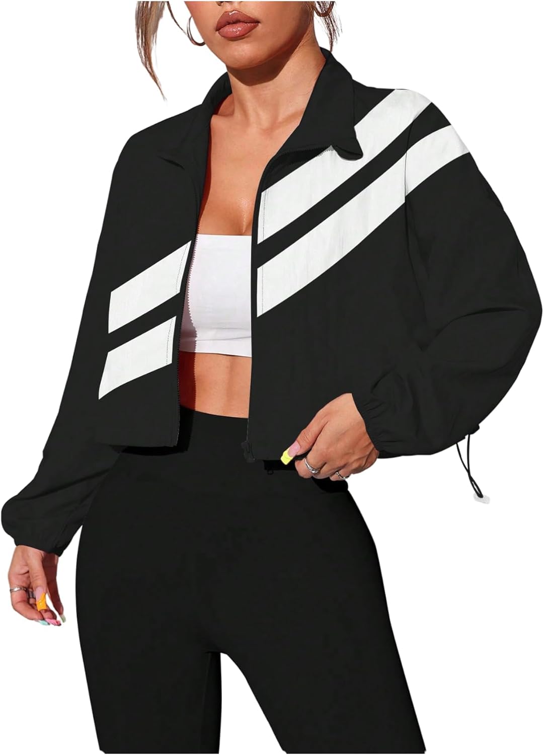 Verdusa Women's Windbreaker Cropped Jackets Color Block Zip Up Lightweight Athletic Outerwear Coat - Image 3