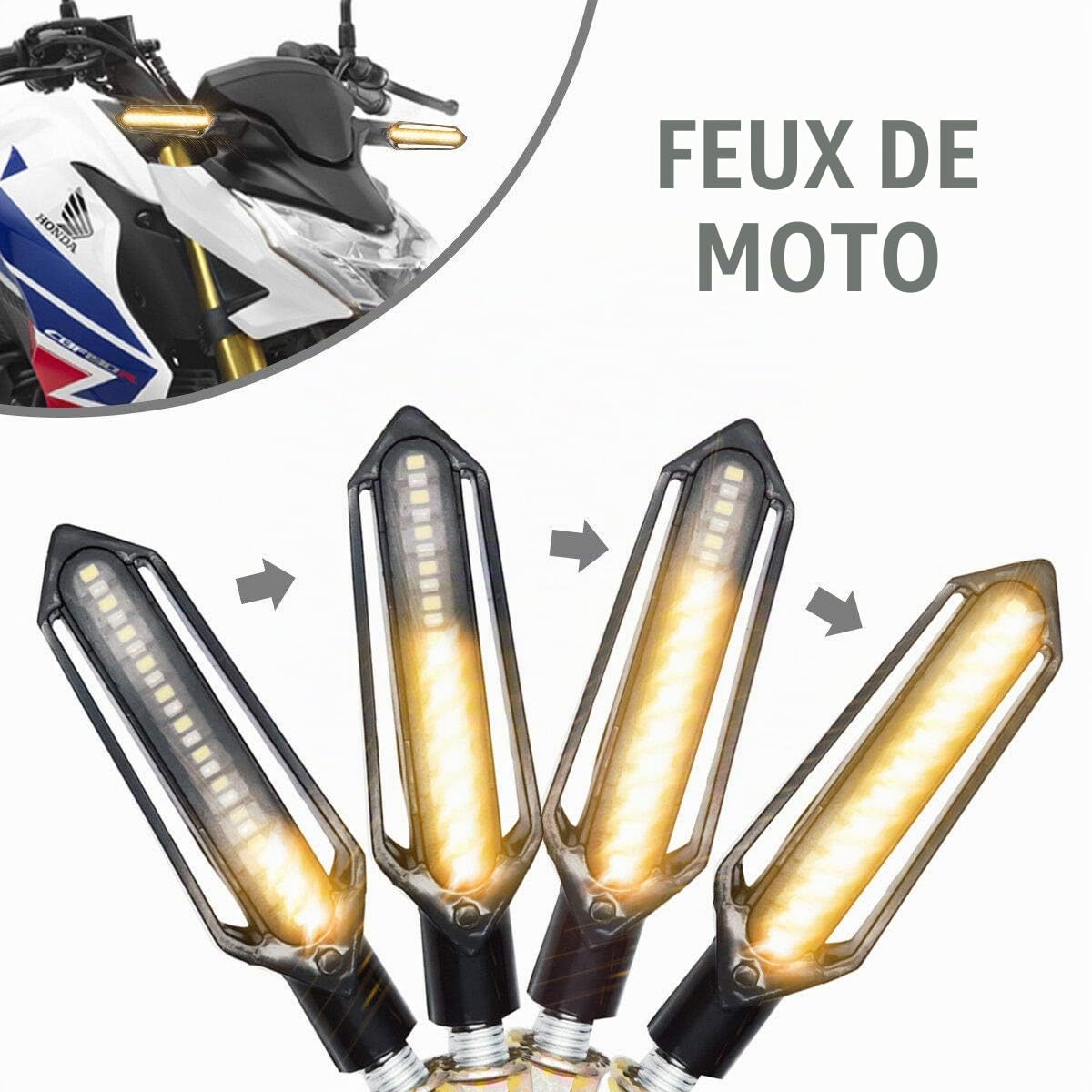 Baceyong Feux de moto universels 4PC, 24 LED, comprenant 2 clignotants, 1 feu de jour blanc avant et 1 feu stop rouge arrière