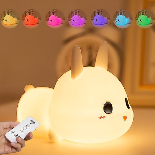 Qrbsi Luz nocturna para niños luz nocturna de bebé con 7 colores y función de atenuación lámpara de conejo luz nocturna con temporizador y control