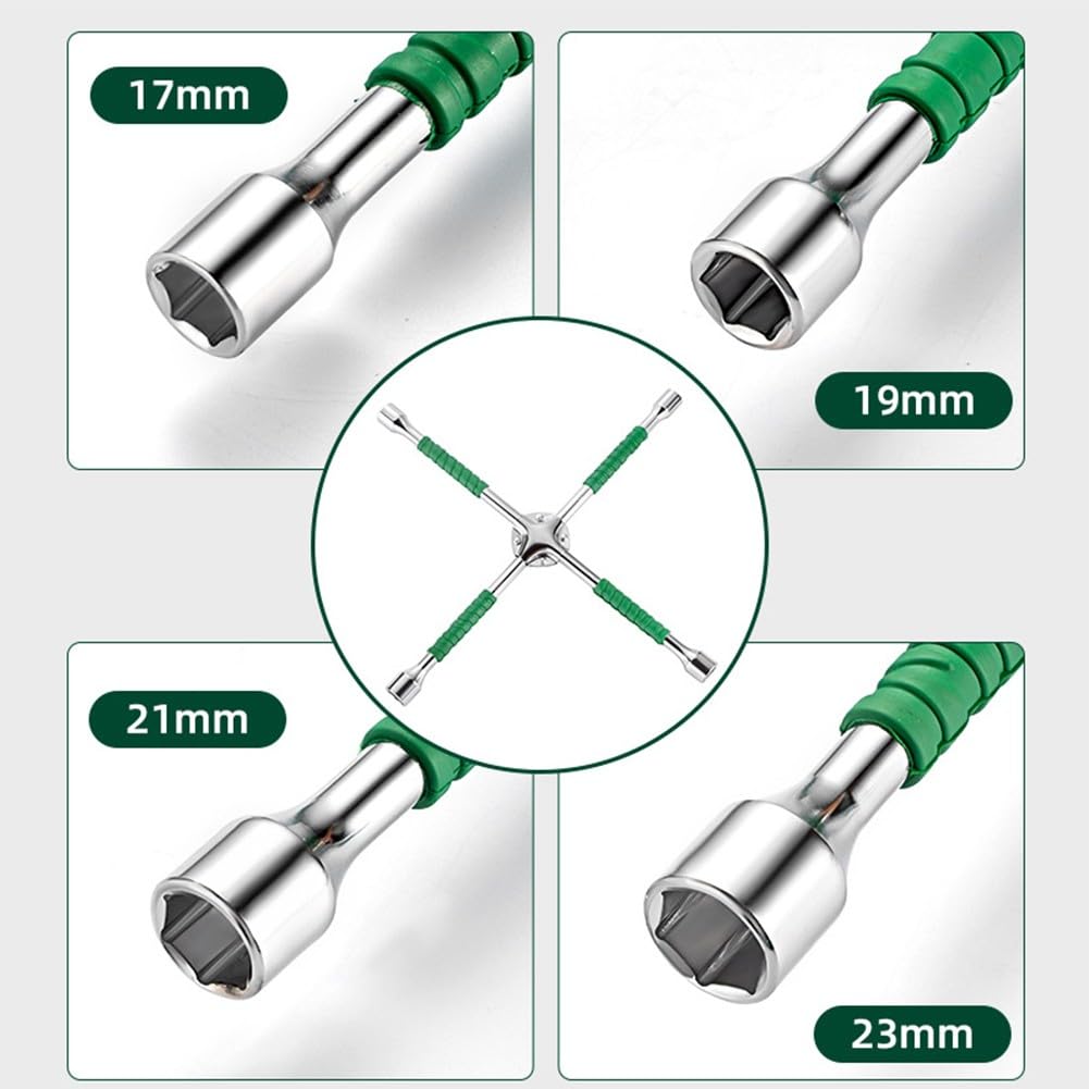 Llave de llanta de cuatro vías, llave de rueda cruzada, juego de llaves de 17/19/21/23 mm, acero resistente, mango de 35 cm para reparación de neumáticos de coche