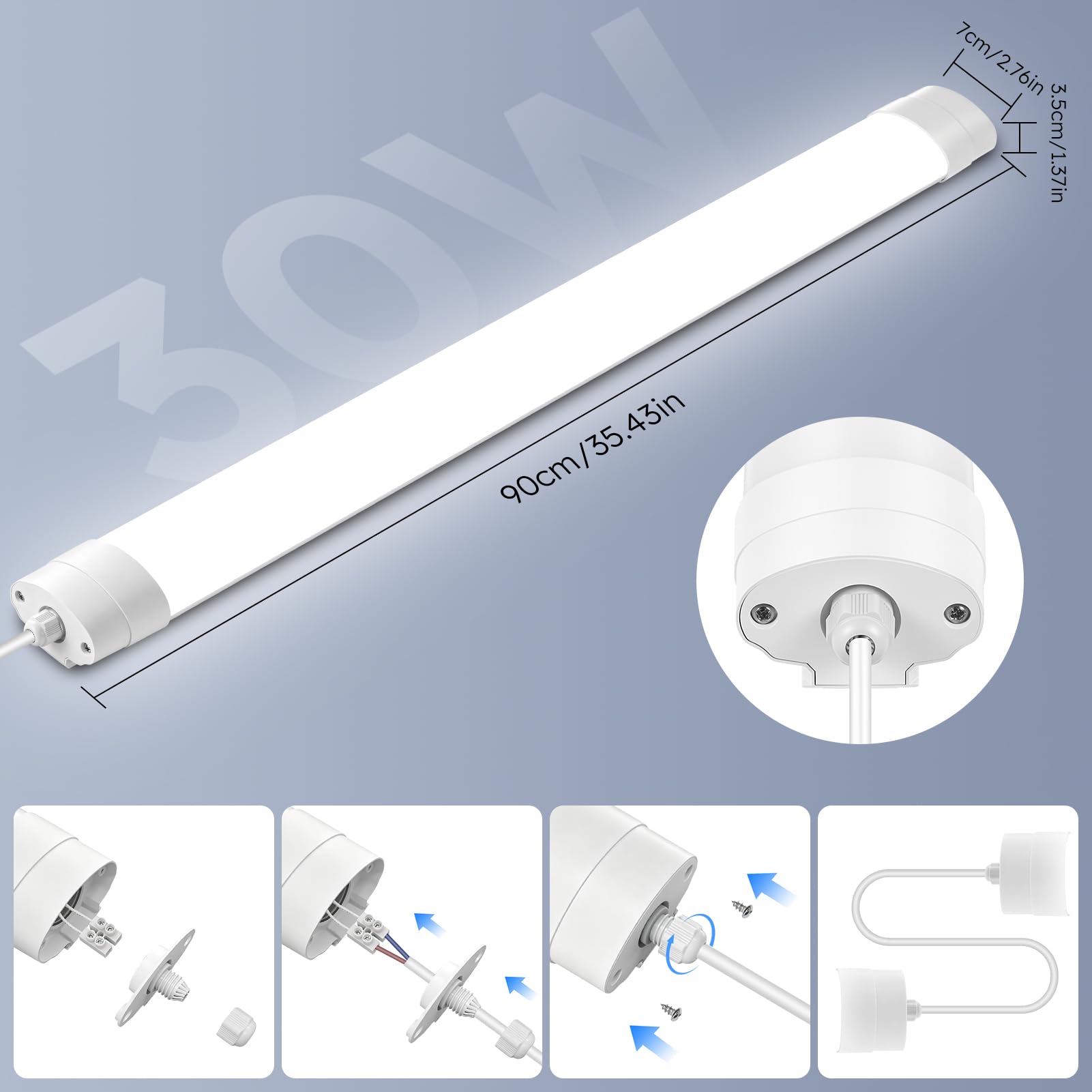 90cm Fluorescente LED 30W 3600LM Lámpara LED de Techo, 6500K Barra LED Impermeable IP65 Luz LED Techo, Pantalla LED Tubo para Sala Oficina Taller Almacén Garaje Cocina 8Pcs