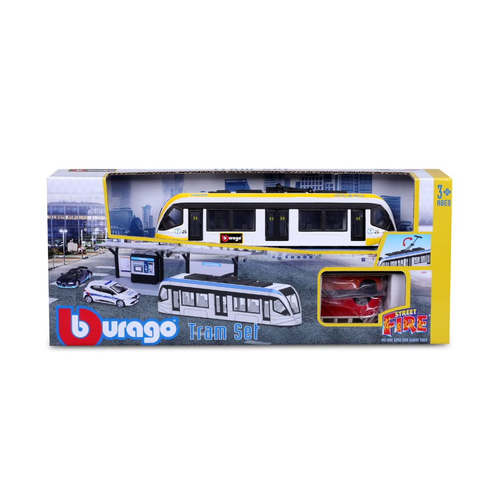 BBURAGO - Transporte público - Playset City Tram - con estación y 2 vehículos - Set de miniaturas a Escala 1:64 - Juguete para niños - para Jugar a Partir de 3 años