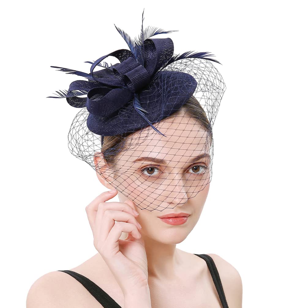 LALAFINA Cerchietto Fascinator in Rete Fiore Piumato, Blu Navy | Clip per Chioma Due Usi, Abs e Poliestere, Leggero per Feste e Matrimoni