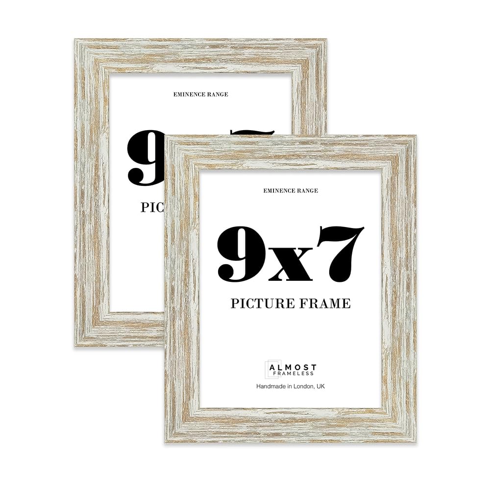 9x7" Distressed White Oak Picture Frame - Rustic Wood Industrial Effect Photo Frame for Wall Display, Ideal for Posters, Prints & Home Décor, Wall Hooks and Kickstand, 32mm Edge - 2 Pack