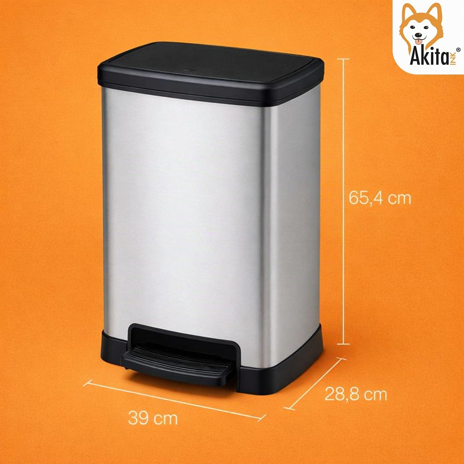 AKITAInk Pattumiera a Pedale BIG XXL 28,8x39x65,4 cm - Compatibile con 2 Sacchetti, Chiusura Soft Close, Raccolta Differenziata, Grigio Metallizzato, per Cucina e Ufficio, Facile Pulizia