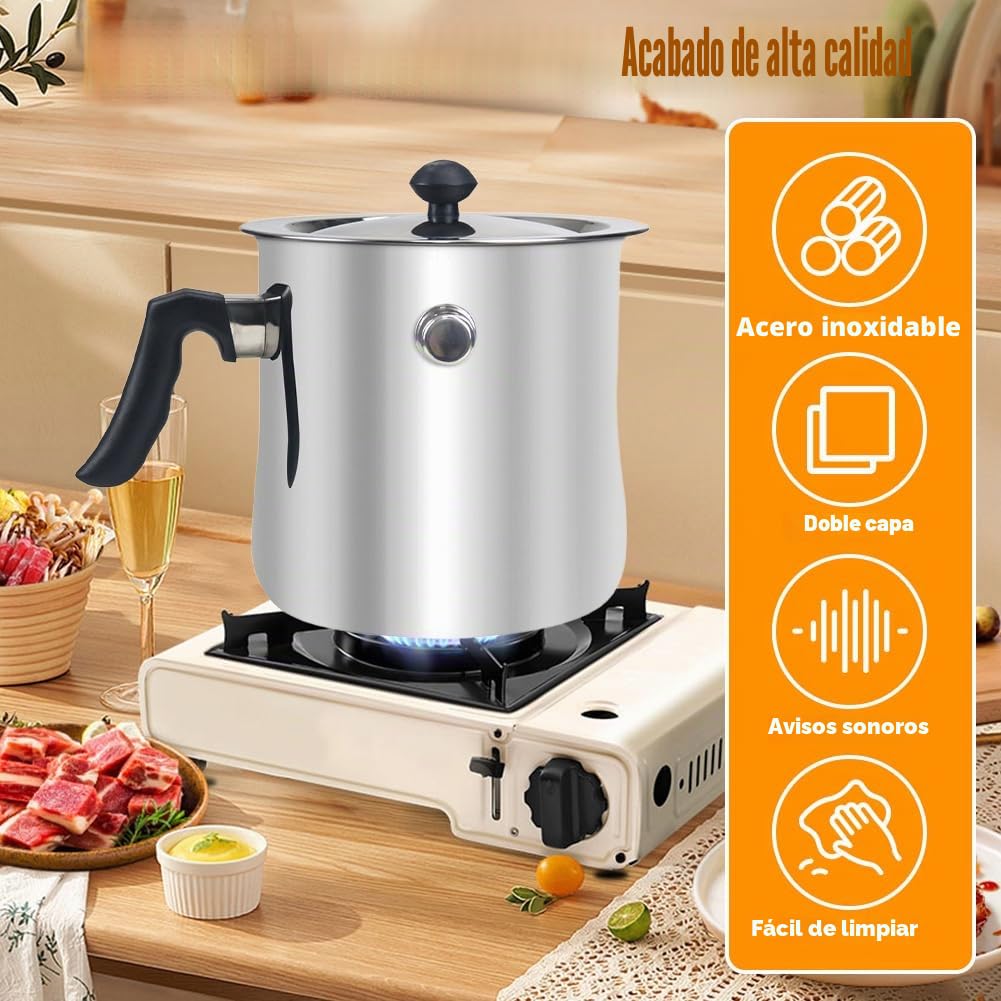 Olla para leche de 1,5 l con tapa y silbato, olla a fuego lento de doble pared, olla para leche con vertedor, apta para baño maría e inducción (acero inoxidable)