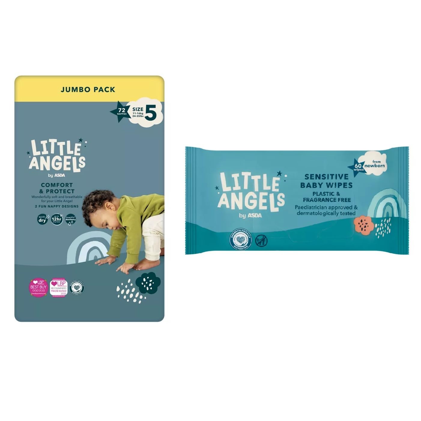 Little Angels Size 5 Nappies Jumbo 72 Pack + 60 Fragrance Free Baby Wipes