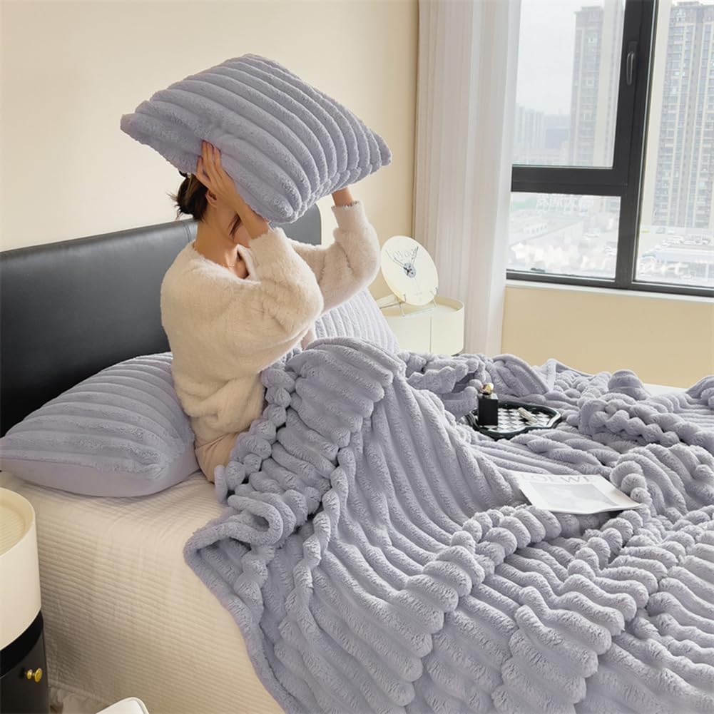 Fleece Blanket - Sofa Throw, Fluffy Soft Cosy Microfiber Warm Rabbit Plush Flannel Striped Jacquard Reversible Blanket Easy Care, for Audlts, Armchairs Couch, Double Twin (Purple,150×200cm)